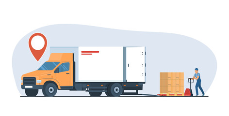 Worker loading a truck van using a hand pallet truck. Vector illustration.