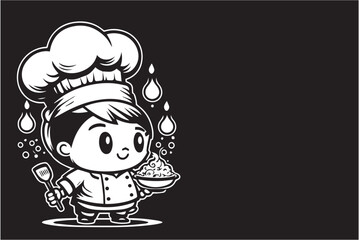black and white cartoon illustration of a cute chef