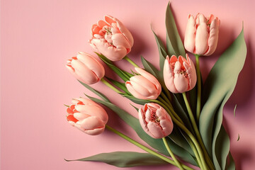 Celebrate with a Bouquet of Beauty: A Composition of Pink Tulips on a Pastel Pink Background, Ideal for Valentine's Day, Easter, and More