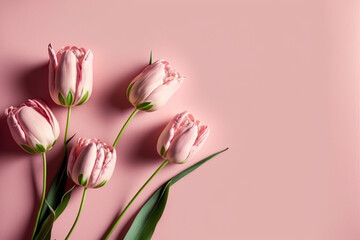 Celebrate with a Bouquet of Beauty: A Composition of Pink Tulips on a Pastel Pink Background, Ideal for Valentine's Day, Easter, and More