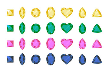 Gemstones, Jewelry. Vector rhinestones and diamonds, sapphire and amethyst, diamond and emerald, ruby gemstones - obrazy, fototapety, plakaty