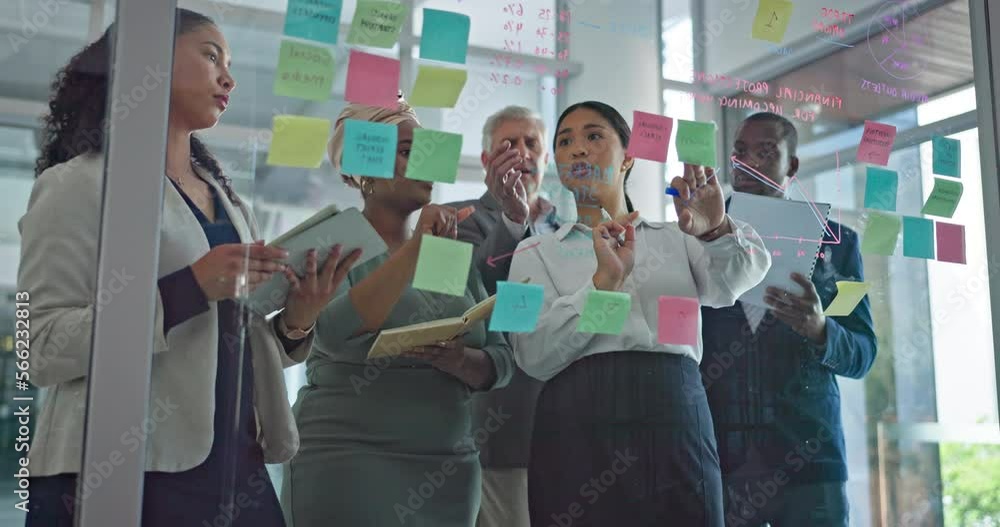 Poster collaboration, brainstorming and team at presentation, ideas for teamwork at startup and sticky note