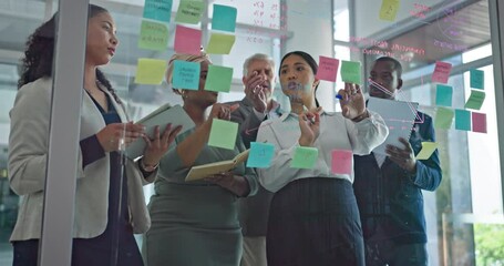 Collaboration, brainstorming and team at presentation, ideas for teamwork at startup and sticky note on glass wall. Strategy, planning and analytics in meeting at idea workshop for agency employees. - Powered by Adobe