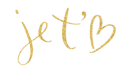 JE T'AIME vector gold glitter brush lettering banner with heart symbol