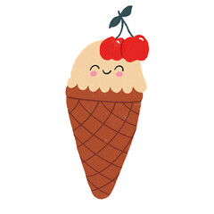 cute kawaii ice cream dessert cone with a cherry smile