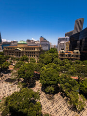 Aerial view of Cinelândia square, with its historic buildings housing the Brazilian National Library and the Federal Justice Cultural Center. Rio de Janeiro, Brazil