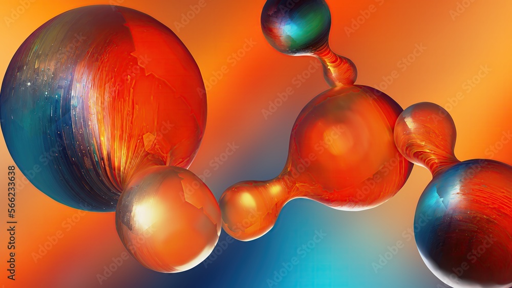 Wall mural Red, orange, fused meta balls spheres leaning against each other Abstract, dramatic, passionate, luxurious and exclusive 3D rendering of graphic design elemental background material.