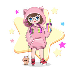 Cute cartoon girl in anime style with little dog. Kawaii style. Vector illustration t-shirt print