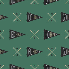 Camp seamless pattern. Travel wallpaper with pennants and quotes-go hike. Stock vector wallpaper background