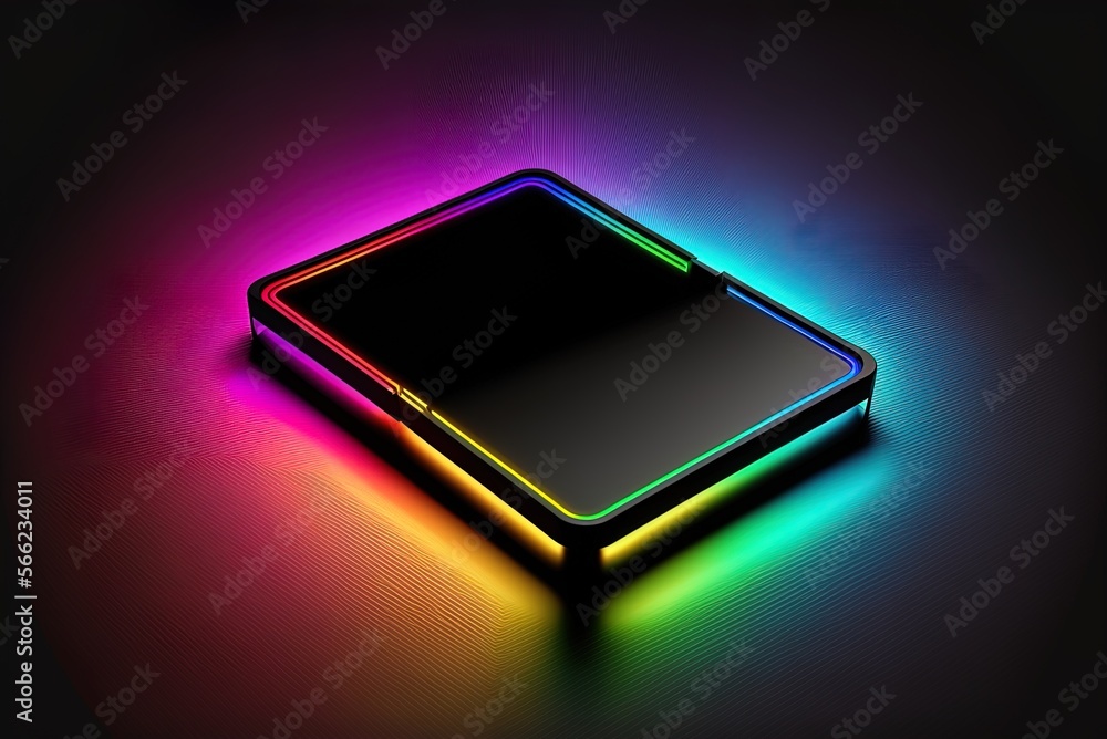 Poster embossed black surface with neon rectangle on a tech background with rainbow lighting. generative ai