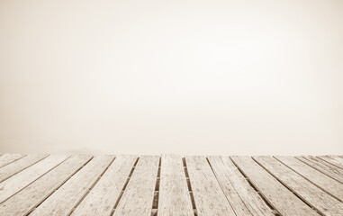 Wooden terrace the blurred and Christmas background concept. Wood white top table perspective in front of natural in the sky.	