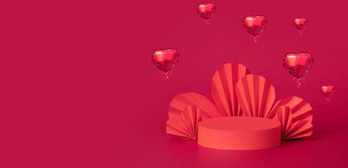 Mock up podium stage or pedestal and hearts shape balloons. Decorations to Valentines day for your products