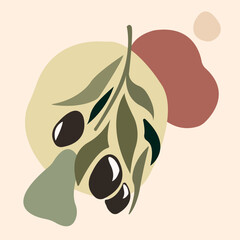 Abstract geometric elements and strokes, leaves and berries, olive, tangerine. Design for postcards, print. Modern art in pastel colors.