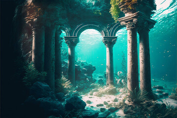 remains of a lost city, remains of atlantite, ratanaba, lost civilization, remains of a Greek temple, city in the saddle, under the sea, enchanted, ghost town, walpaper background, generative ai