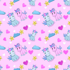 Fototapeta premium Cute baby Unicorn horse with pink heart shape star and cloud seamless pattern. 