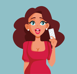 Happy Woman Holding Pills Vector Cartoon Illustration. Cheerful patient finding the perfect cure for her disease
