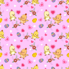 Cute baby chicken with red heart shape, flowers and egg seamless pattern.