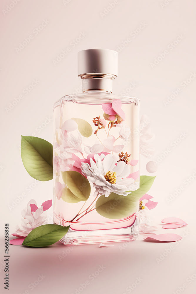 Wall mural perfume bottle with flowers flying around on white background