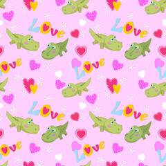 Cute green crocodie with heart shape and love letter seamless pattern.