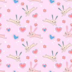 Obraz premium Valentine's concept with cute bunny and heart shape seamless pattern.