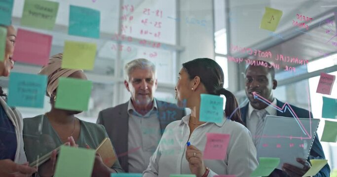 Coaching, brainstorming and applause for woman at presentation, celebration at startup and idea on sticky note. Strategy, planning and success at workshop meeting for agency employees at glass wall.