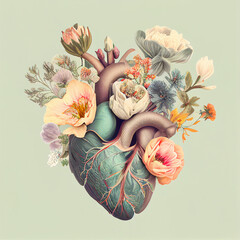 Human heart with flowers, love and emotion concept, good hearted person, help and charity, generative AI
 - obrazy, fototapety, plakaty