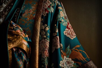 Naklejka premium Close up Kimono Japan traditional clothing with isolated background, good for website, prints, or digital design generative ai