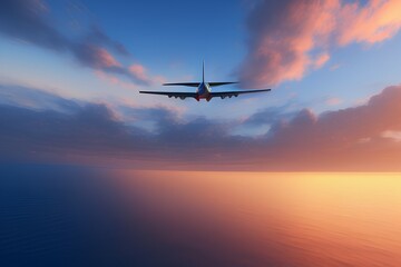 Fototapeta na wymiar Airplane flying over tropical sea at sunset - generative ai 