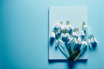 Springtime Freshness: A Creative Layout Featuring Snowdrop Flowers on a Bright Blue Background for a Minimalist Spring Concept