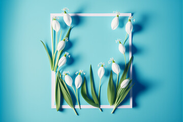 Springtime Freshness: A Creative Layout Featuring Snowdrop Flowers on a Bright Blue Background for a Minimalist Spring Concept