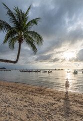 leaning palm tree on a beach at sunset and silhouette of woman with boats in the sea in the background