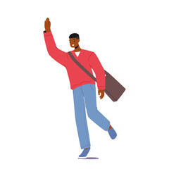 Happy Male Character Waving Hand, Young African American Man in Casual Clothes Show Welcome Gesture, Say Hello