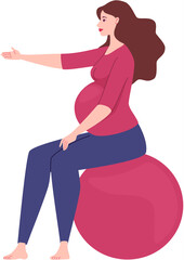 Pregnant woman doing fitness exercises using fitball. Prenatal yoga practice workout with gymnastic ball. Raster PNG Illustration in flat cartoon style.