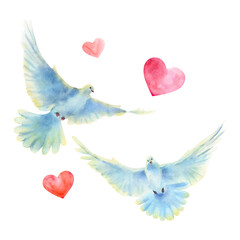 Fototapeta premium Hand drawn watercolor illustration of flying doves and hearts.