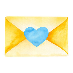 Obraz na płótnie Canvas Hand drawn watercolor illustration of closed postal envelope with blue heart shaped sticker isolated on a white background.