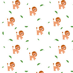 Seamless pattern with cartoon animal, lion, pattern with animals and decorative leaves, bright pattern, children's pattern