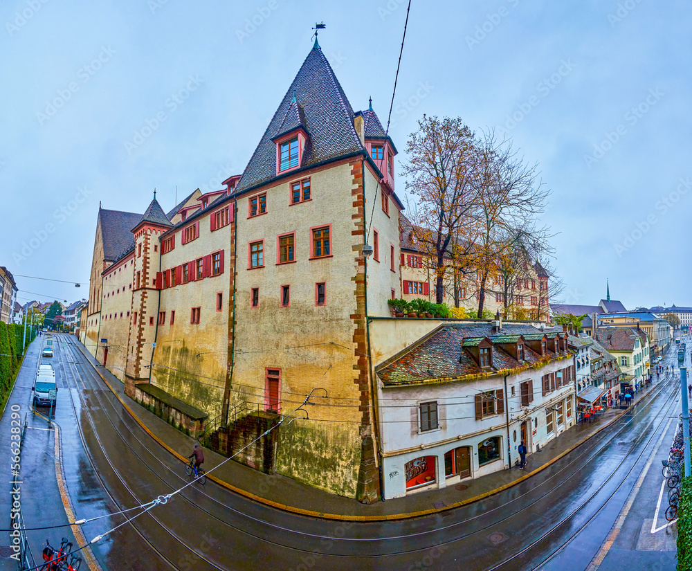 Sticker Panorama of Kohlenberg street with Lohnhof the medieval complex with towers in Basel, Switzerland