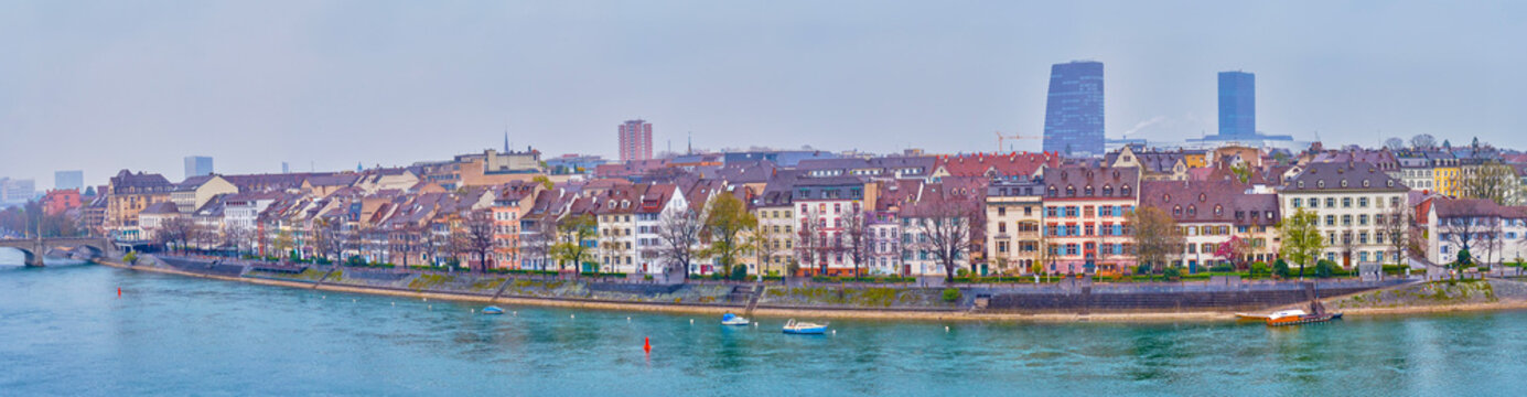 Panorama of Kleinbasel district of Basel and the riverbank of Rhine River, Switzerland