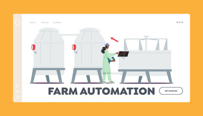Farm Automation Landing Page Template. Manufacture, Industry And Dairy Food Production. Woman Technologist On Factory