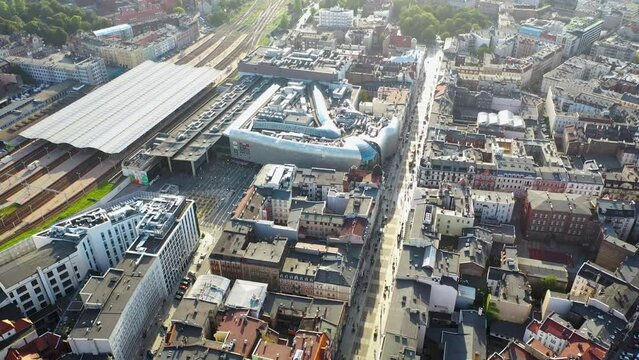 Aerial drone photo of Katowice city, Poland with Katowice Railway Station, 4k