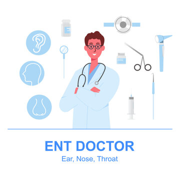 Otolaryngology Icon Set, ENT Doctor Elements And Tools Isolated On White Bacground.