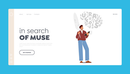 Poet In Search Of Muse Landing Page Template. Male Character Holding Huge Feather Pen And Notebook Create Poem