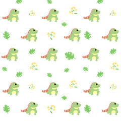 Fototapeta premium Seamless pattern with cartoon animal, iguana, pattern with animals, flowers and decorative tropical leaves, bright pattern, children's pattern