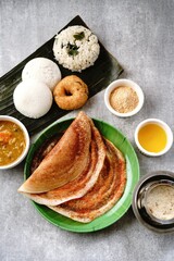 South Indian vegetarian breakfast idli karam podi dosa sambar chutney powder ghee and filter coffee