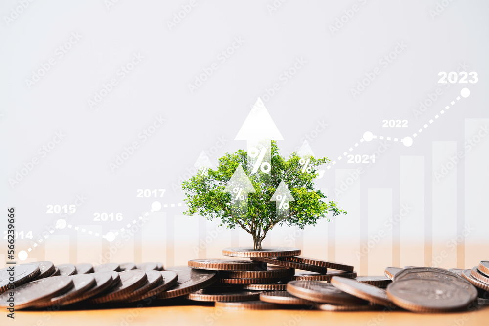 Poster tree growing on coins stacking with up arrow and increasing graph for money saving and deposit growt