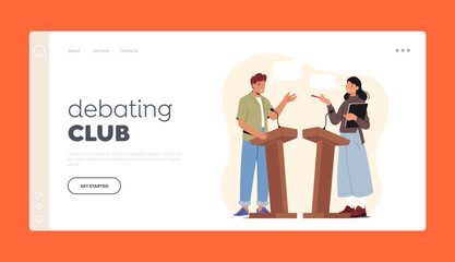 Debating Club Landing Page Template. Male And Female Characters Debate On Rostrum. Oratory Skills Development Concept