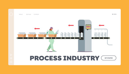 Process Industry Landing Page Template. Dairy Food Packaging, Industrial Automation. Plant Worker on Factory Conveyor