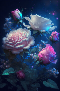Beautiful pink, blue and white roses, with bright light shining in the stamens © AI Visual Design