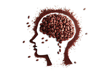 A flat profile icon illustration of a head with a brain made of coffee beans, symbolizing caffeine addiction and the intense connection between coffee and a person's thoughts and habits ai generated,
