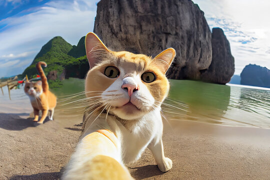 Meet our adventurous feline friends, capturing a moment of wanderlust against the breathtaking backdrop of the James Bond Islands in Thailand. The perfect picture of wanderlust,  selfie ai generate